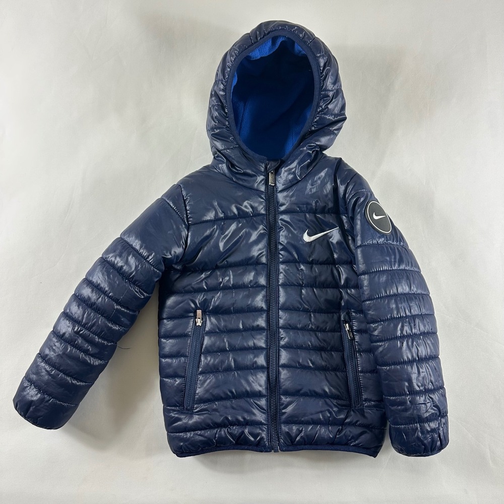 Nike‎ Boys Navy Blue Shiny Puffer Jacket Hooded Fleece Lined Size 4 XS 3-4 Years